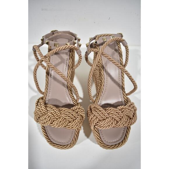 Valentino Rockstud Torchon Poudre Nude Cord Rope Wedge Ankle Strap Sandal 41 - Picture 7 of 11